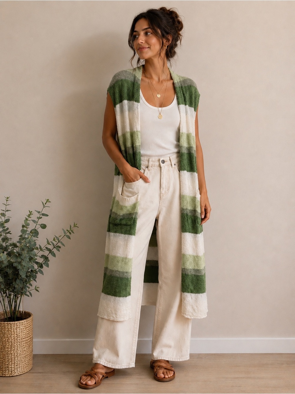 POL Striped Open Cardigan Vest in Green and Cream